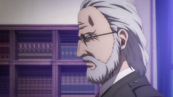 Movie still from “Attack on Titan” (2013), directed by Masashi Koizuka – An old man with white hair and a gray beard; Close Up shot, Over the shoulder angle