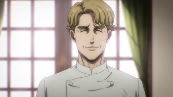 Movie still from “Attack on Titan” (2013), directed by Masashi Koizuka – A man with blonde hair wearing a chef's outfit; Close Up shot, Over the shoulder angle