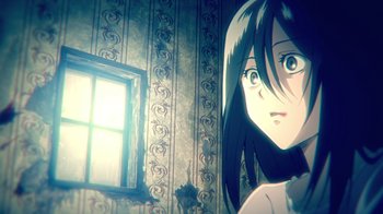 Movie still from “Attack on Titan” (2013), directed by Masashi Koizuka – A woman standing next to a window in a room; Close Up shot, High angle