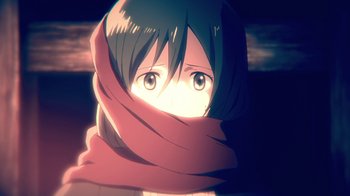 Movie still from “Attack on Titan” (2013), directed by Masashi Koizuka – A woman with a scarf around her head; Close Up shot, Low angle
