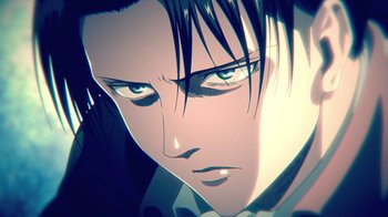 Movie still from “Attack on Titan” (2013), directed by Masashi Koizuka – An animated picture of a man with long black hair; Extreme Close Up shot, Low angle