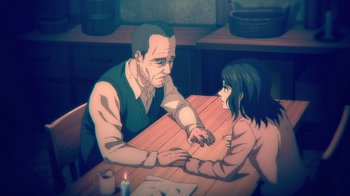Movie still from “Attack on Titan” (2013), directed by Masashi Koizuka – An old man sitting at a table with a young girl; Medium shot, High angle