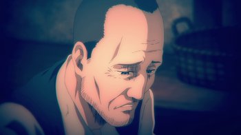 Movie still from “Attack on Titan” (2013), directed by Masashi Koizuka – An illustration of a man with a bald head; Close Up shot, Low angle