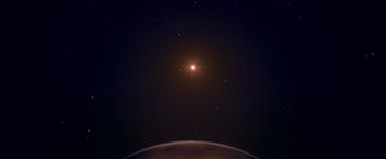 Movie still from “Stars at Noon” (2022), directed by Claire Denis – An image of an exoplanet in the night sky; Extreme Wide shot, Overhead angle