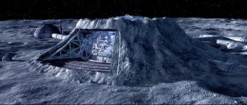 Movie still from “Austin Powers: The Spy Who Shagged Me” (1999), directed by Jay Roach – An image of an open door on the side of the moon; Extreme Wide shot, Overhead angle