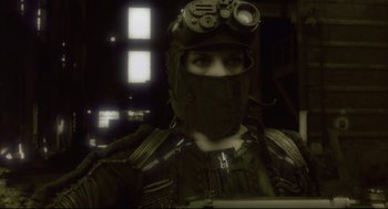 Movie still from “Avalon” (2001), directed by Mamoru Oshii – A man wearing a helmet and a mask; Close Up shot, Low angle