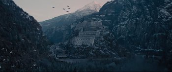 Movie still from “Avengers: Age of Ultron” (2015), directed by Joss Whedon – An aerial view of a mountain with snow on the top; Extreme Wide shot, High angle