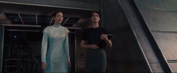 Movie still from “Avengers: Age of Ultron” (2015), directed by Joss Whedon – Two women standing next to each other in a room; Medium shot, Low angle