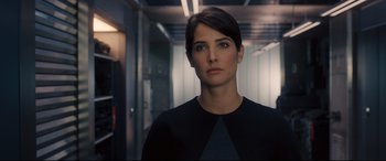 Movie still from “Avengers: Age of Ultron” (2015), directed by Joss Whedon – A woman standing in a hallway; Close Up shot, Over the shoulder angle