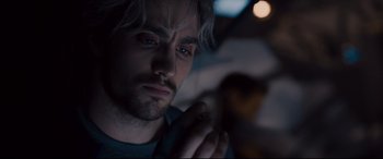 Movie still from “Avengers: Age of Ultron” (2015), directed by Joss Whedon – A person holding his hands together; Close Up shot, Over the shoulder angle