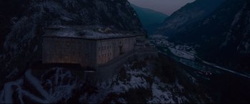Movie still from “Avengers: Age of Ultron” (2015), directed by Joss Whedon – An aerial view of a building on top of a mountain; Extreme Wide shot, High angle