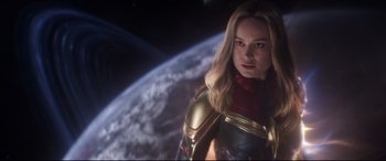 Movie still from “Avengers: Endgame” (2019), directed by Anthony Russo – A person wearing a costume; Close Up shot, Over the shoulder angle