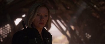 Movie still from “Avengers: Endgame” (2019), directed by Anthony Russo – A person wearing a jacket; Close Up shot, Over the shoulder angle