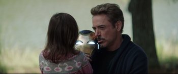 Movie still from “Avengers: Endgame” (2019), directed by Anthony Russo – A man and a girl are looking at each other; Close Up shot, Over the shoulder angle
