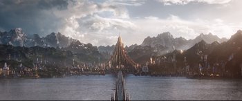 Movie still from “Avengers: Endgame” (2019), directed by Anthony Russo – An image of a city with mountains in the background; Extreme Wide shot, High angle