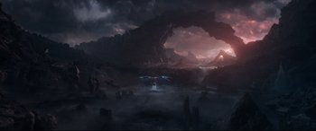 Movie still from “Avengers: Endgame” (2019), directed by Anthony Russo – An image of an alien ship in the water; Extreme Wide shot, High angle