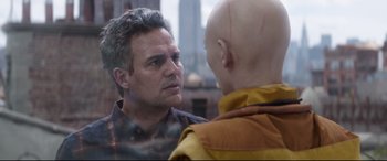 Movie still from “Avengers: Endgame” (2019), directed by Anthony Russo – A man looking at another man with a shaved head; Close Up shot, Over the shoulder angle