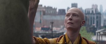 Movie still from “Avengers: Endgame” (2019), directed by Anthony Russo – Tilda swinton in a scene from the movie the man with the iron fists; Close Up shot, Low angle