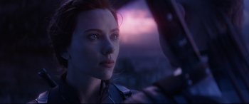 Movie still from “Avengers: Endgame” (2019), directed by Anthony Russo – A woman's face as she looks into the distance; Close Up shot, Over the shoulder angle