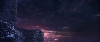 Movie still from “Avengers: Endgame” (2019), directed by Anthony Russo – A purple sky with some clouds in the background; Extreme Wide shot, High angle