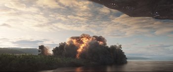 Movie still from “Avengers: Endgame” (2019), directed by Anthony Russo – A large cloud of smoke billowing out of a forest; Extreme Wide shot, Low angle