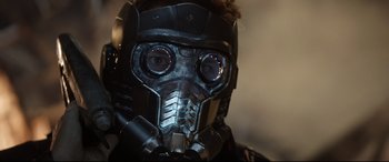 Movie still from “Avengers: Endgame” (2019), directed by Anthony Russo – A person wearing a mask; Close Up shot, Over the shoulder angle