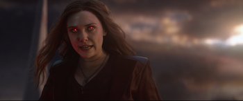 Movie still from “Avengers: Endgame” (2019), directed by Anthony Russo – A person with a demon eye; Close Up shot, Over the shoulder angle