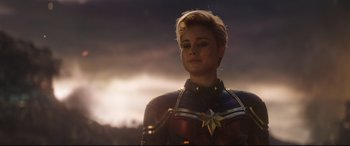 Movie still from “Avengers: Endgame” (2019), directed by Anthony Russo – A person wearing a costume; Close Up shot, Over the shoulder angle