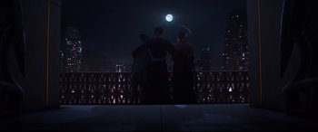 Movie still from “Avengers: Endgame” (2019), directed by Anthony Russo – A group of people standing next to each other on top of a bridge; Wide shot, High angle