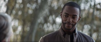 Movie still from “Avengers: Endgame” (2019), directed by Anthony Russo – A person wearing a jacket; Close Up shot, Over the shoulder angle