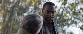 Movie still from “Avengers: Endgame” (2019), directed by Anthony Russo – A person wearing a leather jacket; Close Up shot, Over the shoulder angle