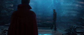Movie still from “Avengers: Infinity War” (2018), directed by Anthony Russo – Wide shot, Over the shoulder angle