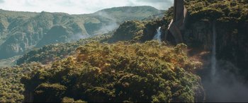 Movie still from “Avengers: Infinity War” (2018), directed by Anthony Russo – A view of a mountain with a waterfall in the distance; Extreme Wide shot, High angle