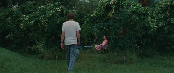 Movie still from “Away We Go” (2009), directed by Sam Mendes – A man and a girl in the middle of an orange grove; Wide shot, Over the shoulder angle