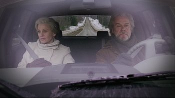 Movie still from “Away from Her” (2006), directed by Sarah Polley – A man and a woman sitting in the back of a car; Medium shot, Low angle