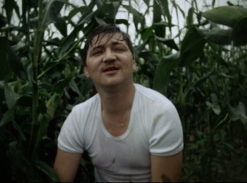 Movie still from “Baal” (1970), directed by Volker Schlöndorff – A man in white shirt sitting in a field of green plants; Close Up shot, Low angle