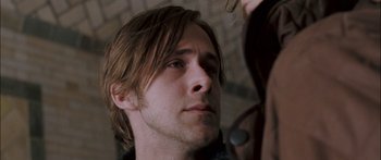 Movie still from “Stay” (2005), directed by Marc Forster – A person with long brown hair; Close Up shot, Over the shoulder angle