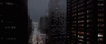 Movie still from “Stay” (2005), directed by Marc Forster – A view of a city at night from a window of a building; Extreme Wide shot, High angle