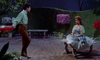 Movie still from “Babes in Toyland” (1961), directed by Jack Donohue – A man and a woman sitting on a bench in front of bushes; Wide shot, Over the shoulder angle