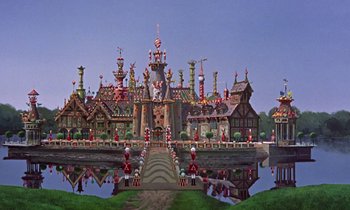Movie still from “Babes in Toyland” (1961), directed by Jack Donohue – An animated picture of a town with a lot of buildings; Extreme Wide shot, Low angle