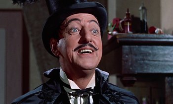 Movie still from “Babes in Toyland” (1961), directed by Jack Donohue – A person wearing a top hat; Close Up shot, Low angle