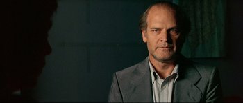 Movie still from “Bad Education” (2004), directed by Pedro Almodóvar – A person wearing a suit and tie; Close Up shot, Low angle