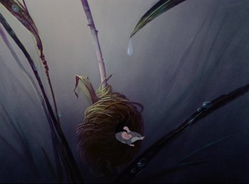 Movie still from “Bambi” (1942), directed by David Hand – A painting of a bird in a nest; Extreme Close Up shot, Low angle