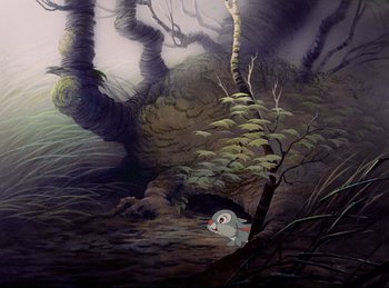 Movie still from “Bambi” (1942), directed by David Hand – A painting of a bird sitting on a tree branch; Wide shot, High angle