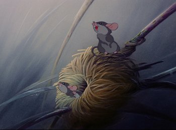 Movie still from “Bambi” (1942), directed by David Hand – A painting of two mice sitting on top of a ball of yarn; Wide shot, Low angle