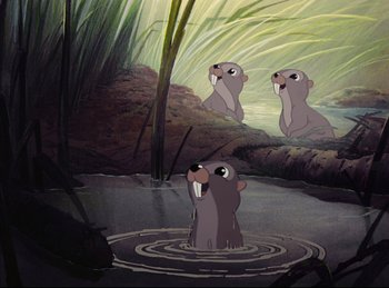 Movie still from “Bambi” (1942), directed by David Hand – A group of otters in the water near some plants; Wide shot, Low angle