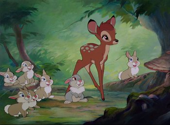 Movie still from “Bambi” (1942), directed by David Hand – A painting of a deer and a group of rabbits; Wide shot, Low angle
