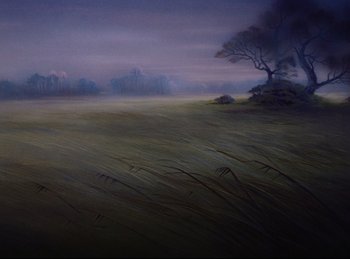 Movie still from “Bambi” (1942), directed by David Hand – An oil painting of an empty field at night; Extreme Wide shot, High angle