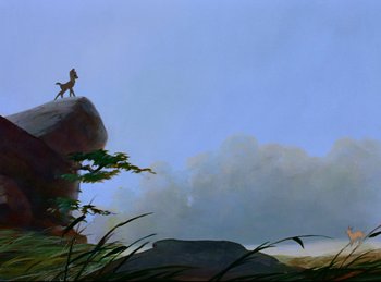 Movie still from “Bambi” (1942), directed by David Hand – A painting of a dog sitting on top of a rock; Extreme Wide shot, Low angle