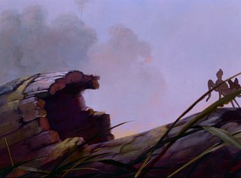 Movie still from “Bambi” (1942), directed by David Hand – An oil painting of a bear on a cliff; Extreme Wide shot, Low angle